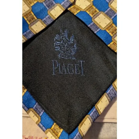 Piaget Silk Vintage 100% Silk Blue Gold Geometric Design Neck Tie - Picture 4 of 16